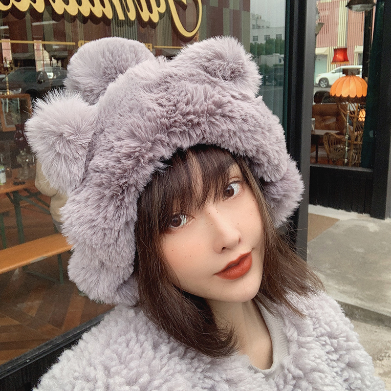 RU original design sweet and cute ear big hairy-wool-line cap with velvet thick imitation leather grass protective ear Lei Feng cap