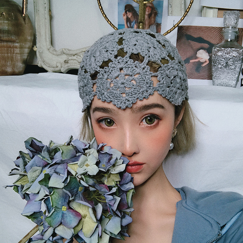 RU new handmade plus coarse cotton thread woven hollowed-out flower knit cap Seasons 100 lap breathable trendy Baotou tide cap