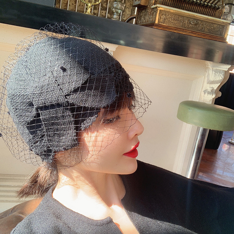 RU Hand Woven Mesh Veil face knitted hat Sweet and cute Butterfly knot berets 100 hitch cap