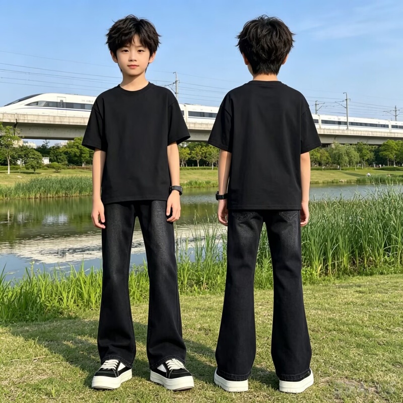 Boys' Flared Jeans 2026 Spring/Summer Children's Clothing Elastic Waist Height-Enhancing Slim-Fit Versatile Trendy Denim Pants Boys' Flared Jeans 2026 Spring/Summer Children's Clothing Elastic Waist Height-Enhancing Slim-Fit Versatile Trendy Denim Pants