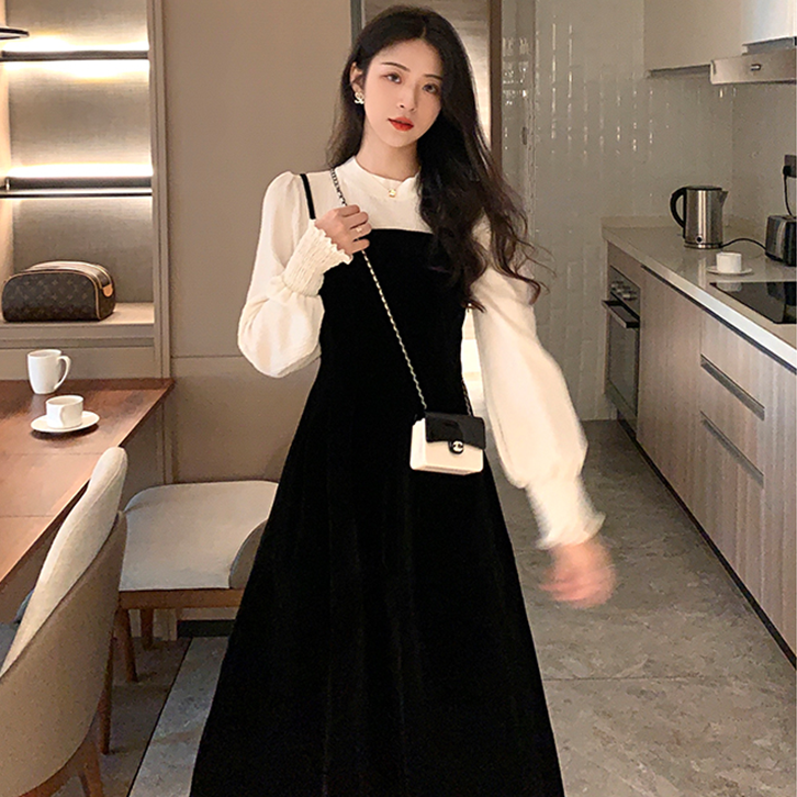 复古气质裙子胖妹妹显瘦气质假两件