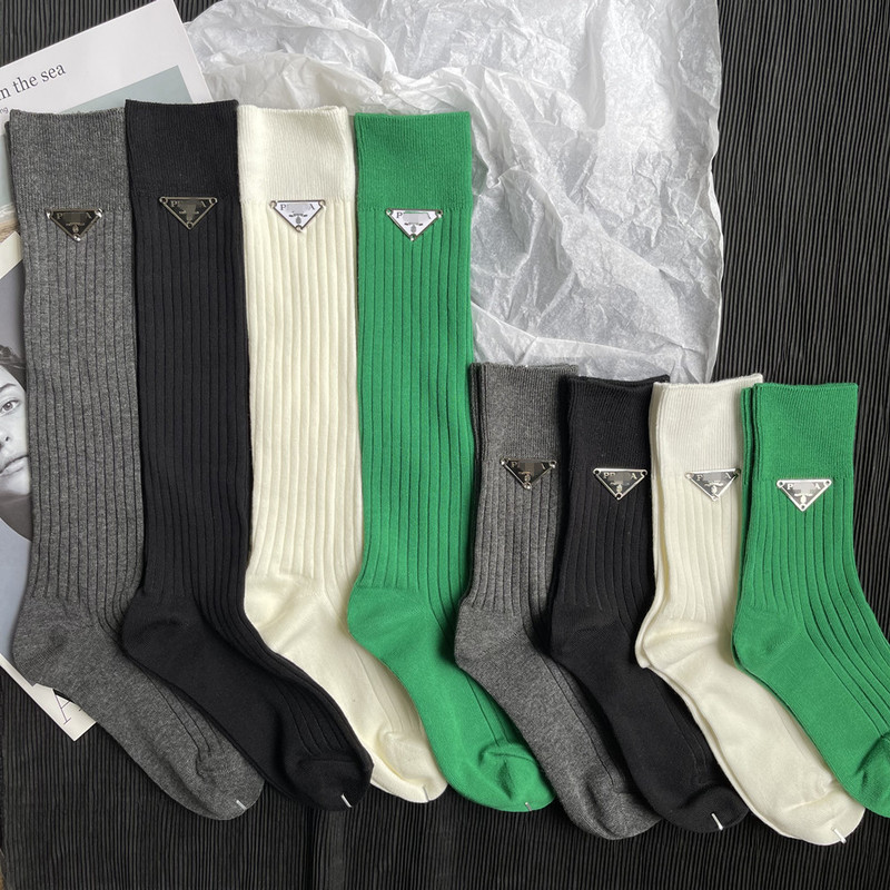 Trendy Brand Triangle Logo Letter Double-Needle Wide-Striped Slimming Long Socks, Popular Sports Summer Knee-High Calf Socks, Golf Socks