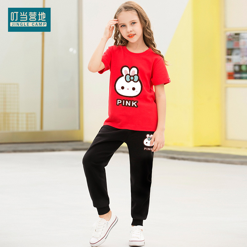 Cô gái ngắn tay áo thun bộ cho trẻ em mùa hè đầm hai mảnh thiết lập năm 2020 thể thao nước ngoài mới quần mỏng Hàn Quốc phiên bản.