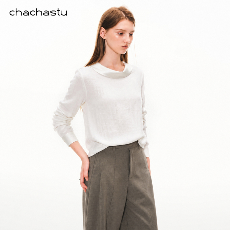 Chachastu White High-End Elegant Style Long-Sleeved Shirt with a Basin Collar, Loose Fit for Autumn, Versatile for Work and Everyday Wear