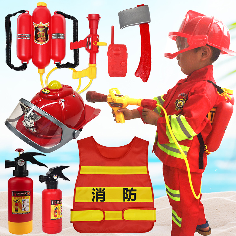 Fireman Sam Children's performance costume Fire hydrant toy set Equipment Vest Hat backpack Water gun fire extinguisher