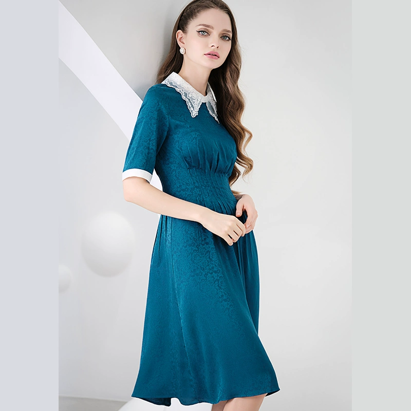 Peacock màu xanh hoa lụa silky satin cổ áo váy khí chất nữ thần Fan Slim mỏng và nhẹ trọng lượng sang trọng phụ nữ - váy đầm