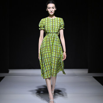Stunning 2026 summer houndstooth stretch silk printed waist hollow puff sleeves socialite midi skirt women's dress