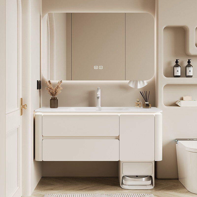 Cream-Colored Sweeping Robot Bathroom Cabinet Combination with Integrated Ceramic Basin for Toilet, Washbasin, and Face Basin