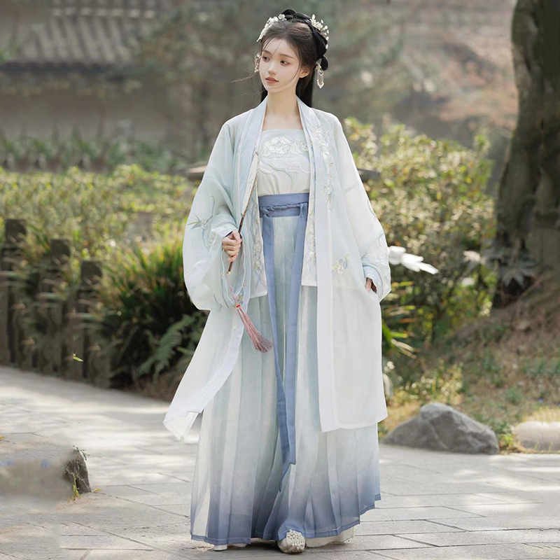 Qiyueji Original Hanfu for Women【Yuanqing Yujie】Song Dynasty Style Long Shirt with Waist-Length Embroidery, Fresh and Casual for Spring and Summer