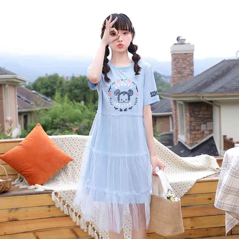 Teenage Girl Foreign Dress Women's Summer Clothing Web Yarn Splicing Short Sleeve Cartoon T-shirt College Wind High School Middle School Student Dresses