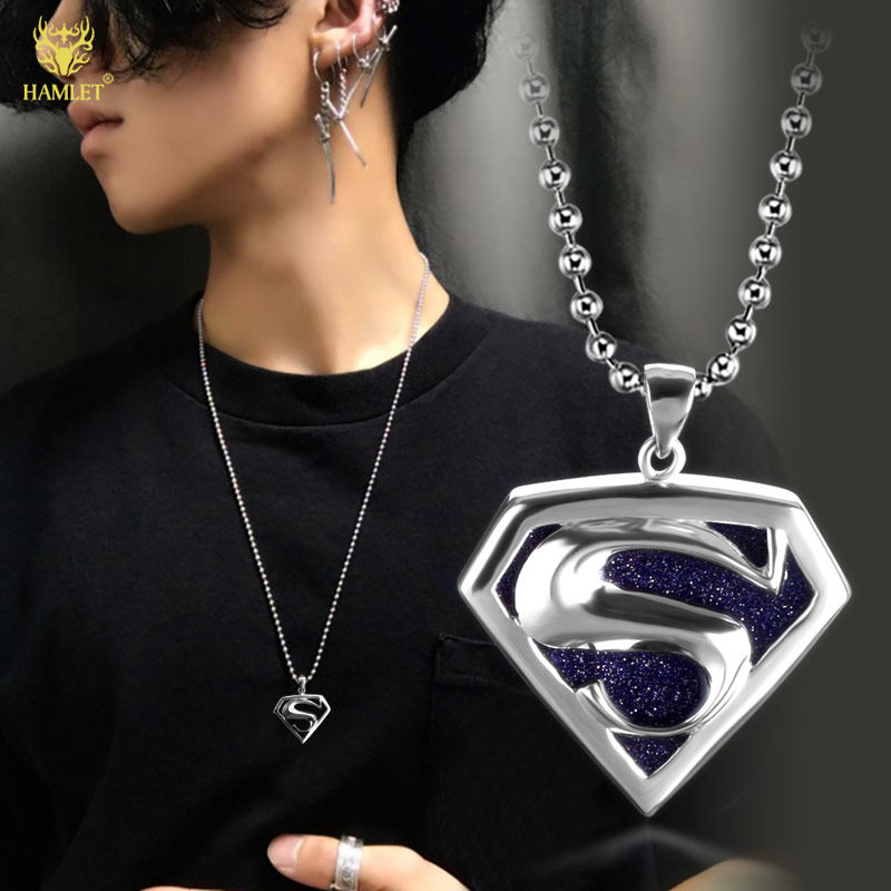 European and American Silver Jewelry Superman Sterling Silver Gemstone Pendant Men's Necklace Men's Trendy Accessories High-end Niche Design Jewelry