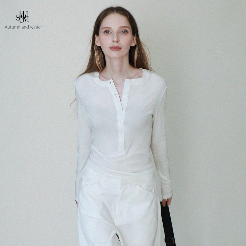 Shuomi Mulberry Silk Henry Collar Long Sleeve White T-Shirt for Women, Stretchy Slim Fit Knitted Base Shirt, American Style Trendy Top