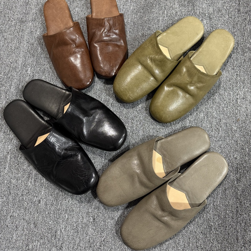 Horsehide Washed Mule Slippers, Square Toe, French Style, Nude Feel, Retro Flat Closed-Toe Slippers, Women's Half Slippers, Summer, Factory Direct Sale Horsehide Washed Mule Slippers, Square Toe, French Style, Nude Feel, Retro Flat Closed-Toe Slippers, Women's Half Slippers, Summer, Factory Direct Sale