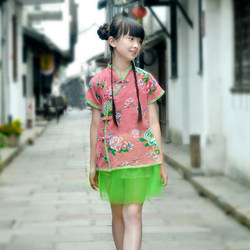 ຈີນພໍ່ແມ່ເດັກນ້ອຍ summer Tang suit large floral short-sleeved lace cheongsam short-sleeved top puff skirt shirt skirt