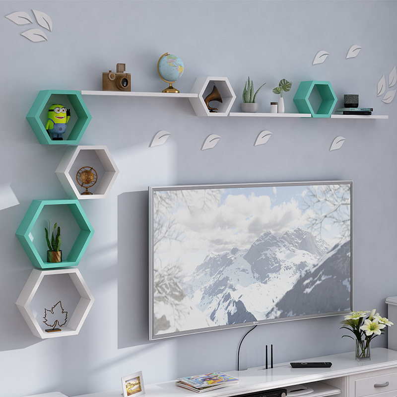 Wall shelve Perforated Wall-mounted Wall Cabinet Living-room TV Background Wall Bedroom Creative Plaid Wall Decoration Shelf