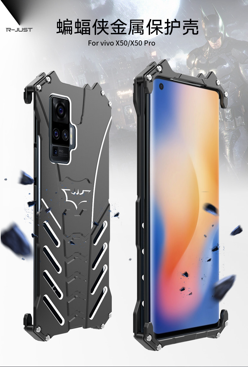 R-Just Batman Shockproof Aluminum Shell Metal Case with Custom Batarang Stent for vivo X50 Pro & vivo X50