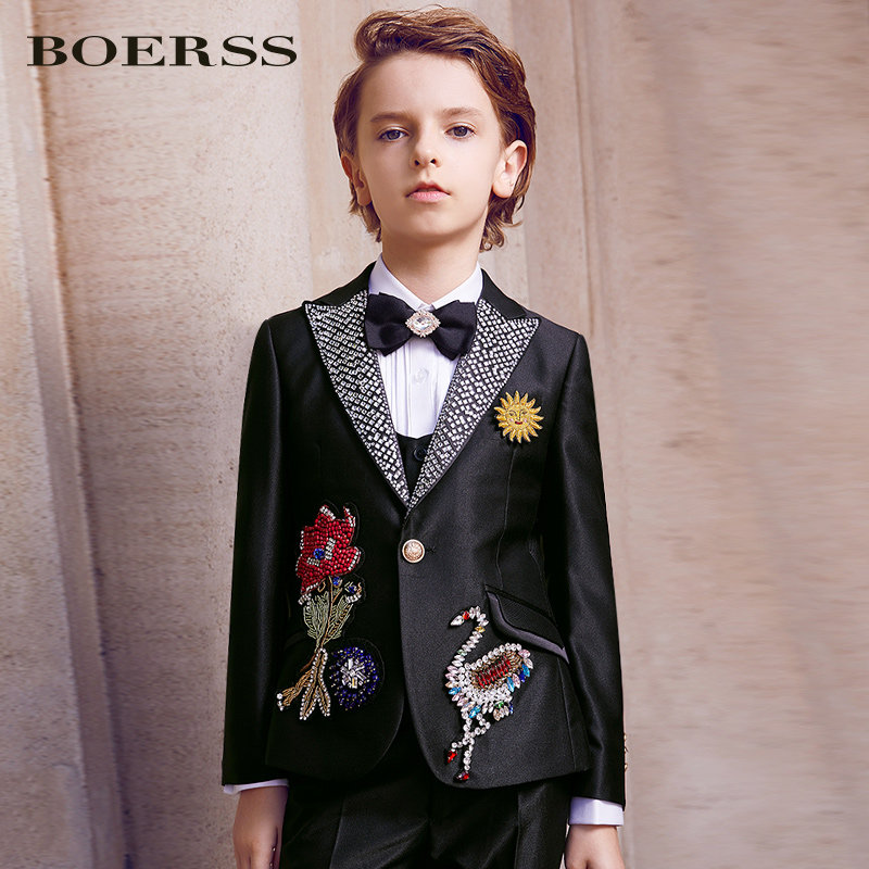 BOERSS Boys Suit Set Children's Suit Small Suit Handmade Dress Male Fashion Model Catwalk Costume