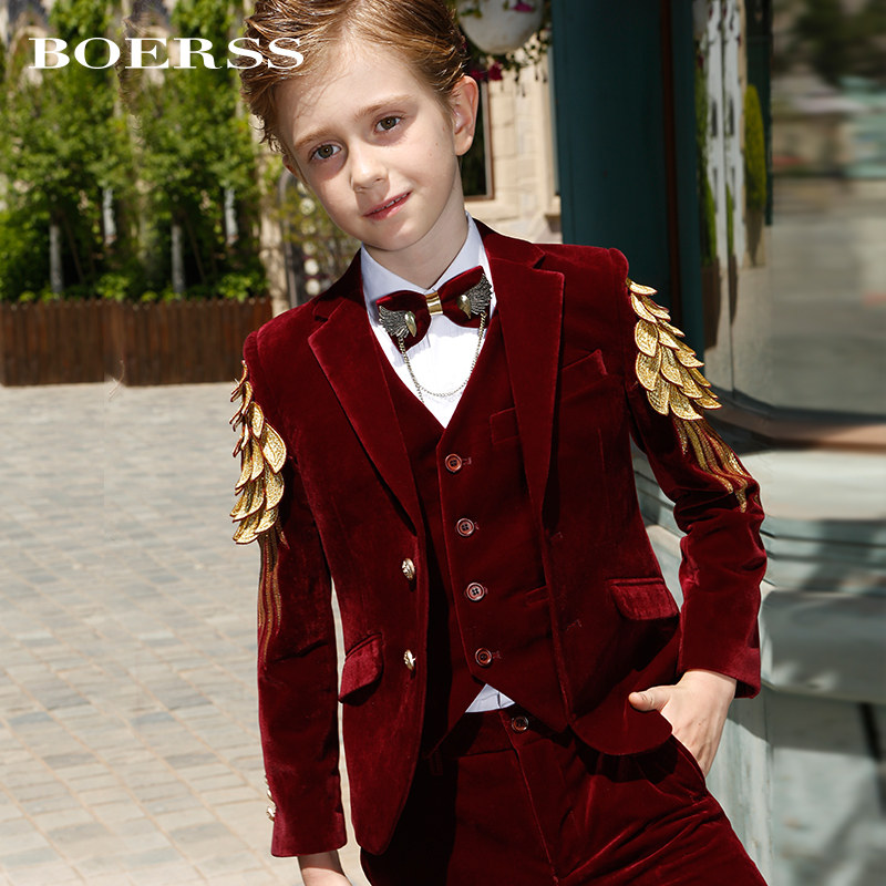BOERSS children's small suit suit suit boys dress light luxury velvet embroidered wings show catwalk costume