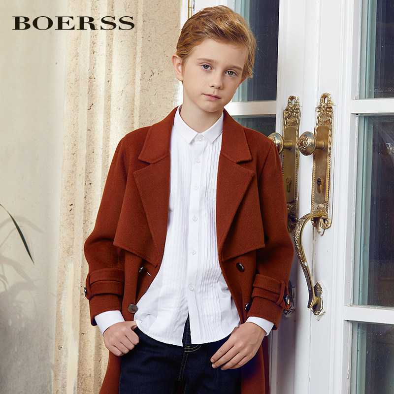 Boerss 2018 new children's autumn/winter double-faced cashmere coat boys' British fashion long caramel color