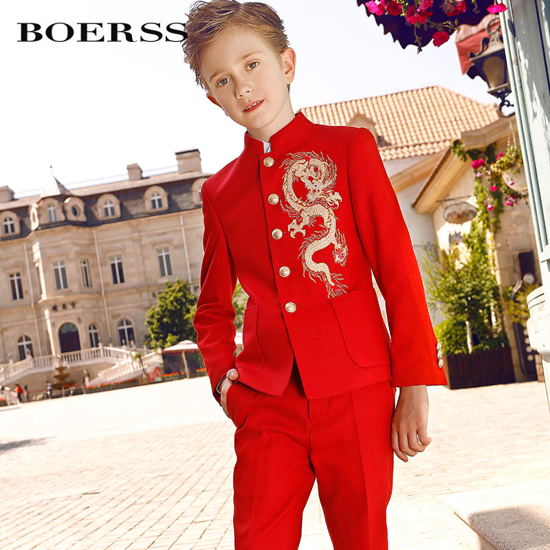 BOERSS Boys dress suit Light luxury embroidered dragon Chinese stand collar children's suit suit Chinese style big red autumn