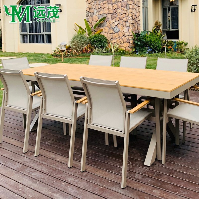 Far-lush net red Nordic outdoor casual table and chairs plastic wood embalming wood table long table Villa Courtyard Dining table and chairs Composition