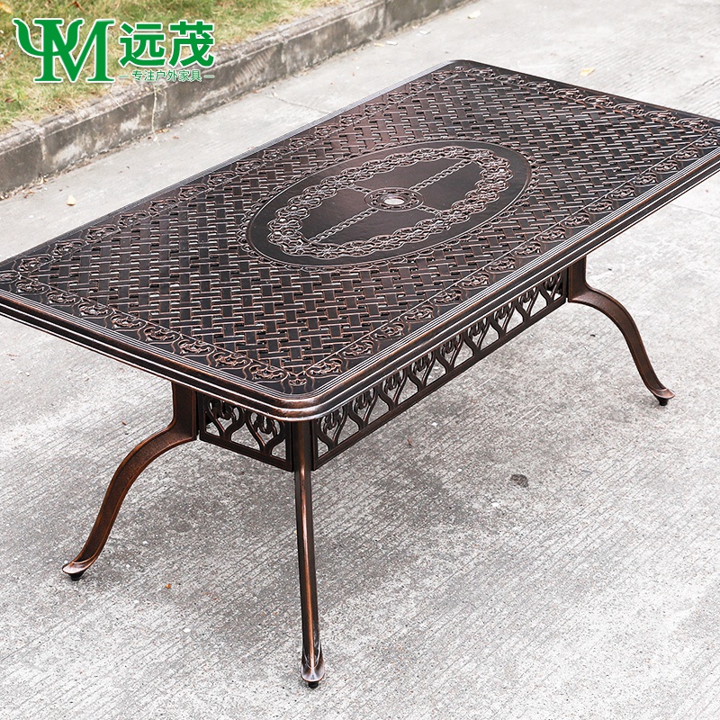 Far-lush outdoor cast aluminum table and chairs Villa Garden Casual Terrace Outdoor Table And Chairs Patio Long Table Iron Art Embalming Wooden Table