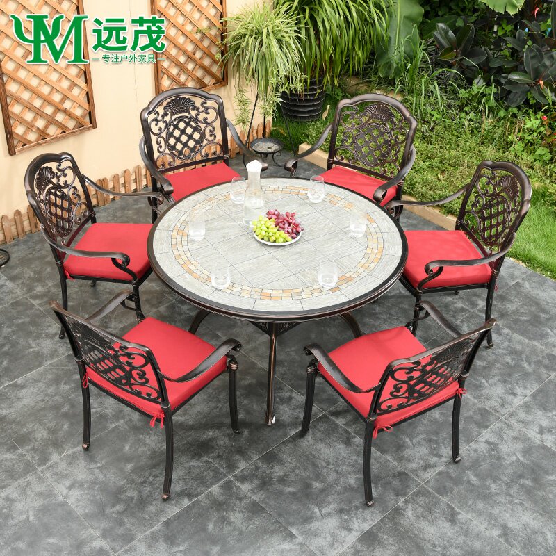 Far-Lush Outdoor Table And Chairs Patio Open-air Round Table New Chinese Tea Table And Chairs Combined Villa Terrace Outdoor Cast Aluminum Table And Chairs