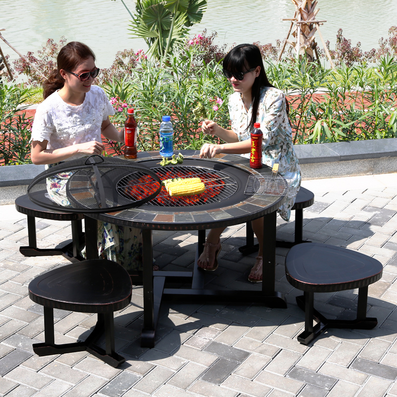 Far-Lush Outdoor Barbecue Table Patio Barbecue Table Home Charcoal Table Outdoor Cast Iron Table And Chairs Embalming Wood Barbecue Table