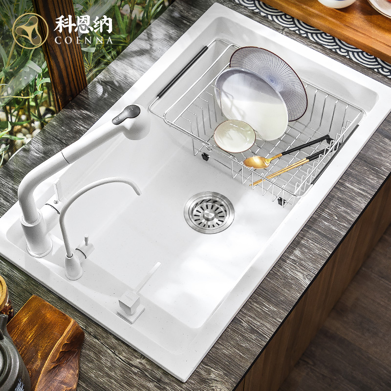 Cohenna Quartz Stone Sink Single Sink Integrated Kitchen Wash Basin Granite Domestic Commercial Thickened Dishwashing Pool