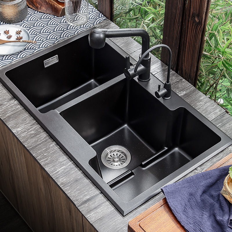 Cohenna Large Number of Wash Basin Double Tank Kitchen Quartz Stone Sink Pool Home Granite Dishwashing Pool Floor Basin-Taobao