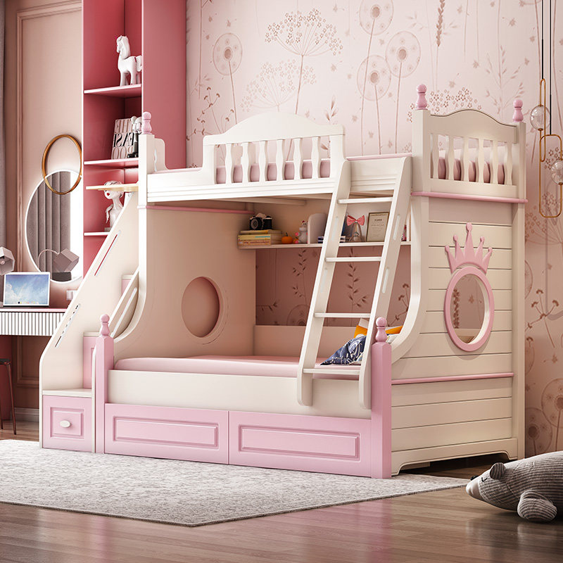 Yiyi children's solid wood child mother two-layer double-layer high-low bunk wooden bed staggered small apartment girl princess bed