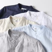 Lightweight small stand collar comfortable breathable cotton linen men slim fit can roll sleeve spring and autumn solid color long sleeve shirt tide 4577