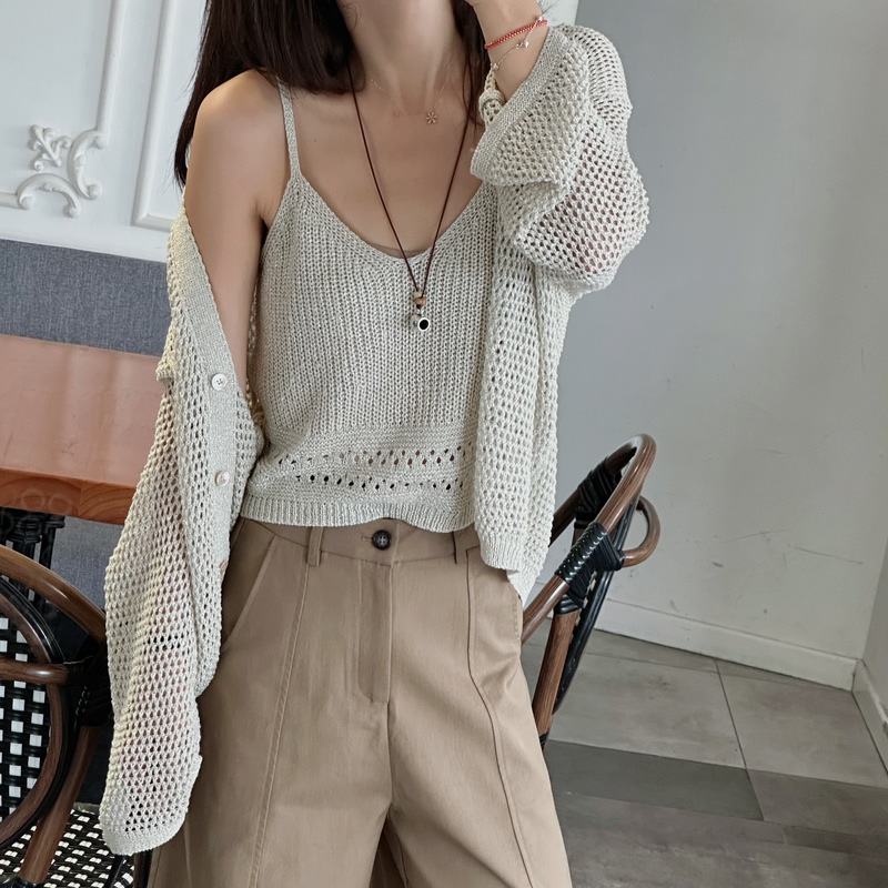 Roll Look Minimalist Hollow-Out Knit Cardigan and Camisole Two-Piece Set with Sun Protection Cover-Up 8.20