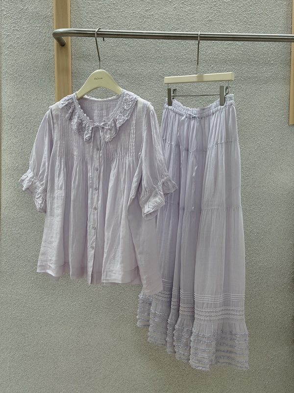 Roll Look Sweet Dream Lace Hollow Lace Patchwork Doll Collar Short Sleeve Shirt Set 4.12