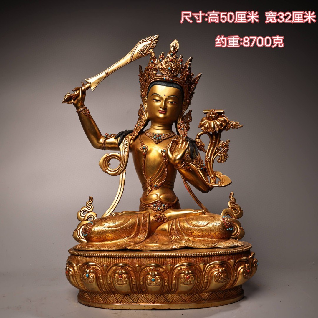 Nepalese craftsmanship pure copper pure handmade high relief chiseled Tibetan gilt Manjushri Buddha statue