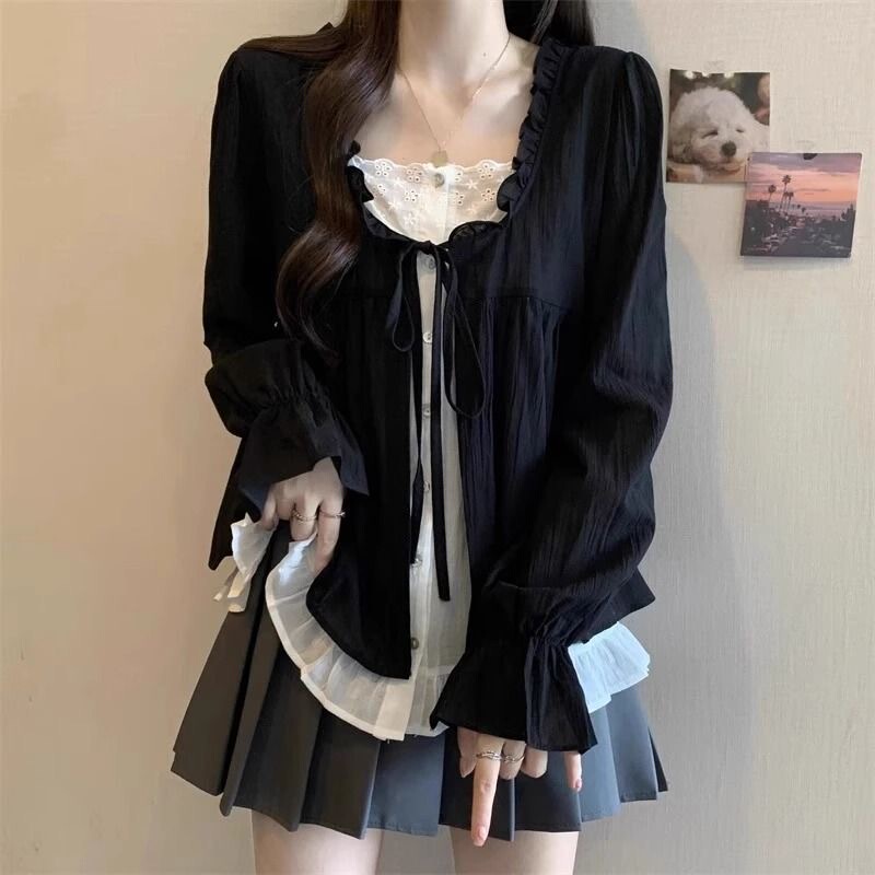 Plus Size 150kg Lazy Style Casual Long-Sleeved Shirt with French Design, Fake Two-Piece, Loose and Slimming Top2 Plus Size 150kg Lazy Style Casual Long-Sleeved Shirt with French Design, Fake Two-Piece, Loose and Slimming Top2