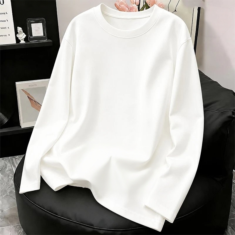 High-End 100% Pure Cotton T-Shirts for Men and Women, White T-Shirts, Men's and Women's Round Neck Simple Tops, Long-Sleeved Base Shirts, Long-Sleeved Tops