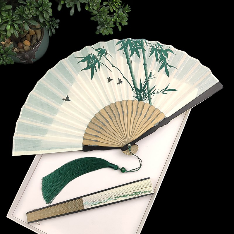 Folding fan male ancient wind jade bone abstinence series bamboo fan retro style female jade bone fan bamboo handmade ink wind cotton linen Su-Taobao
