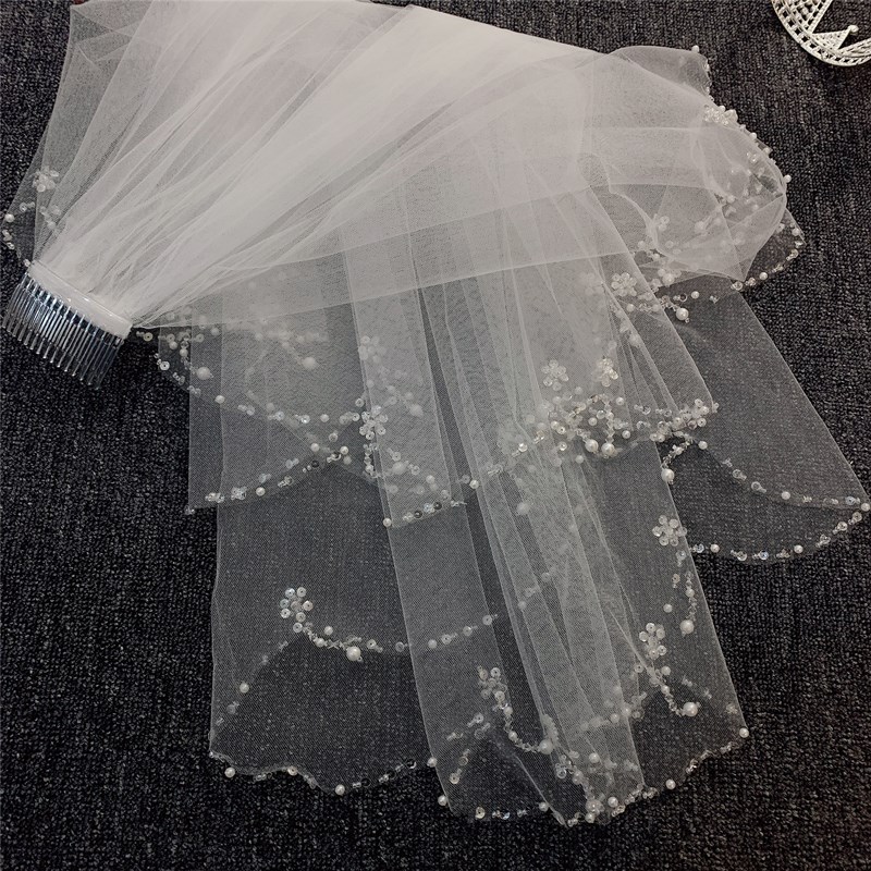 New veil pendant beads hand short multi-layer hard yarn princess photo travel bride wedding veil