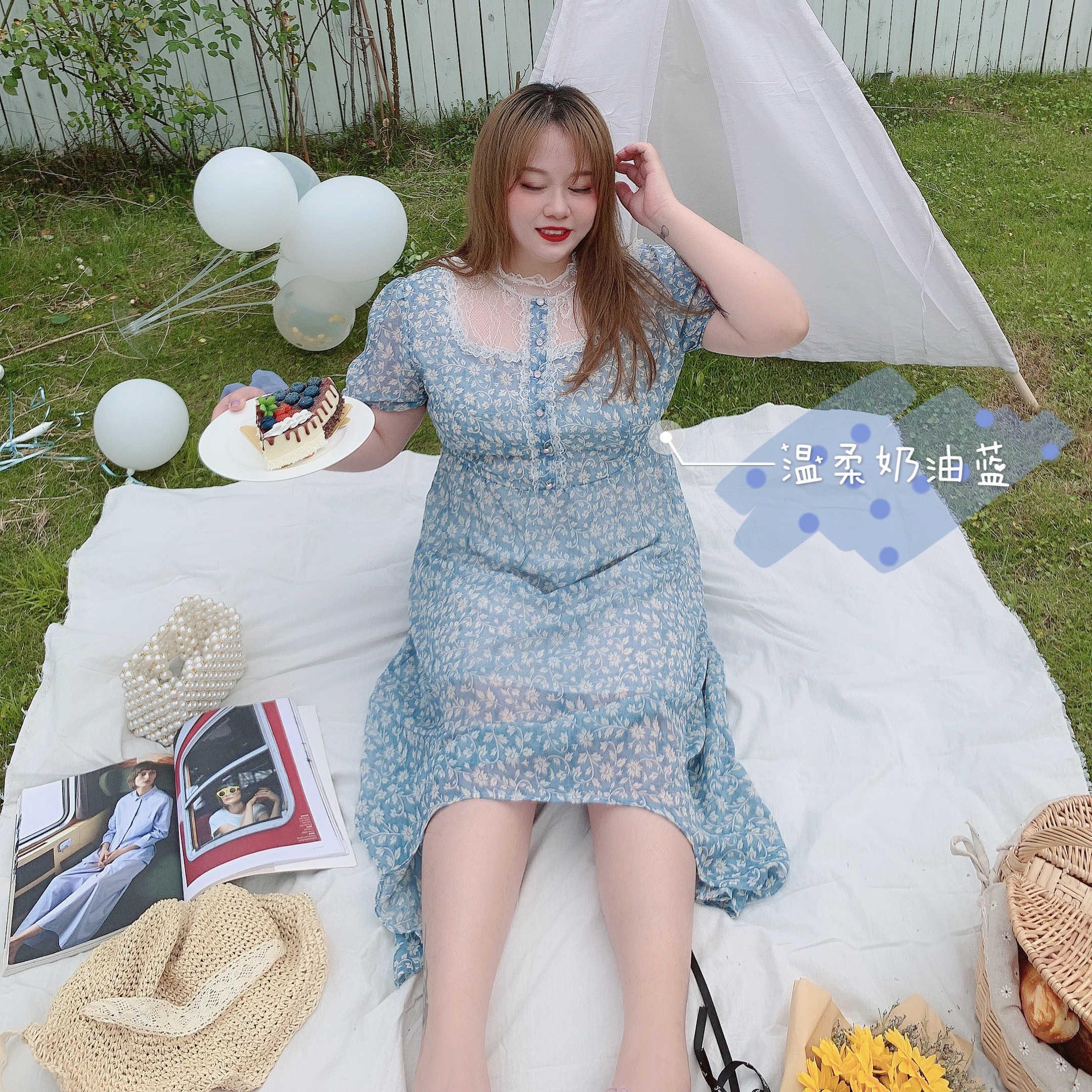 Fat mm large size women's blue floral retro French Platycodon grandiflorum skirt fairy dress bubble sleeve waist slim dress