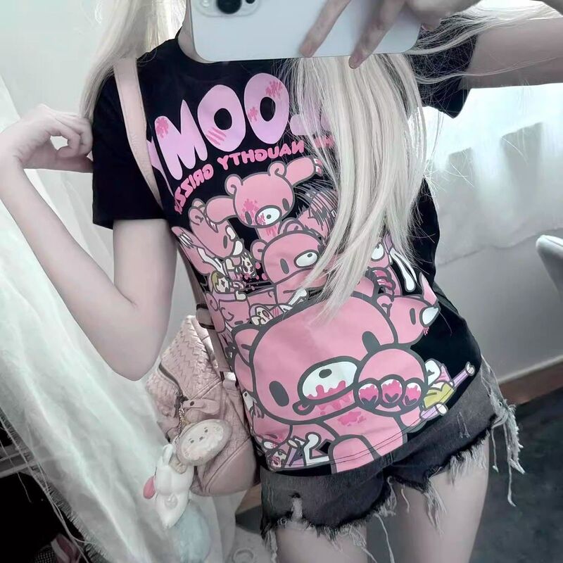 Summer Japanese Subculture Cute Bear Graffiti Print Sweet Cool Spicy Girl Short Shoulder T-Shirt Top for Women