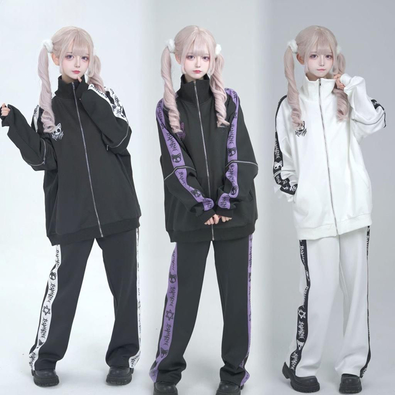 Spring and Autumn Japanese-Style Cute Home Anime Cos Skull Cat Print Stand-Up Collar Jacket Casual Pants Sports Two-Piece Set for Women