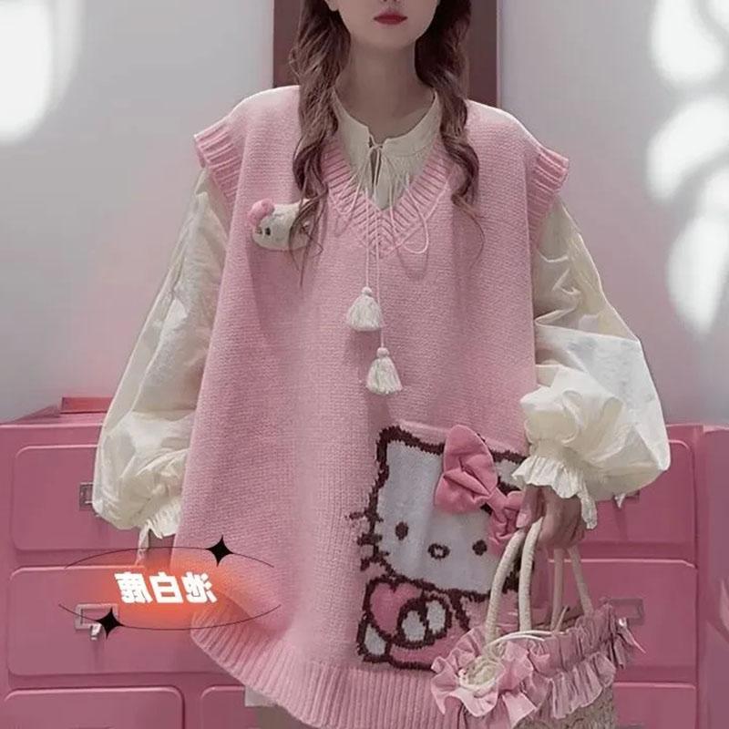 Autumn and Winter Cute Hello Kitty Jacquard Bow V-Neck Knitted Vest Student Loose Sleeveless Sweater for Women Autumn and Winter Cute Hello Kitty Jacquard Bow V-Neck Knitted Vest Student Loose Sleeveless Sweater for Women