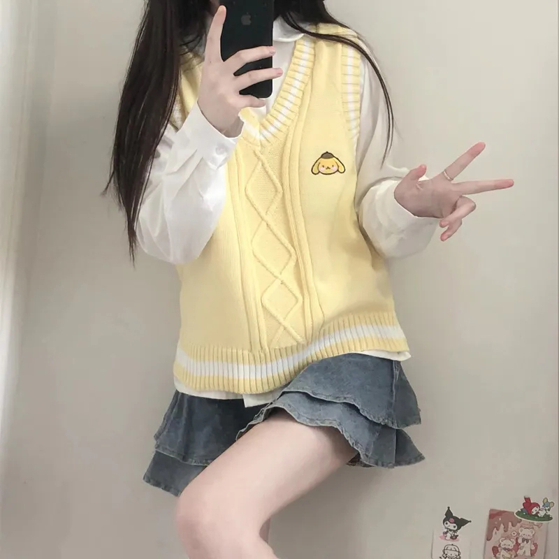 Spring and Autumn Japanese Style Soft Girl Sweet and Cute Sanrio Pompompurin Embroidered Knitted Sweater Vest Student Jk Vest for Women