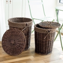 Rattan wicker dirty clothes basket household round storage basket with lid laundry basket hot pot restaurant clothes storage bucket woven basket