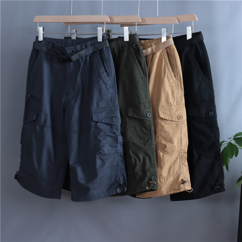 Foreign Trade Men's Clothing 2019 Summer New 100 Hitch Pure Color Multi-Pocket Pure Cotton Working Pants Casual Seven-minute Pants