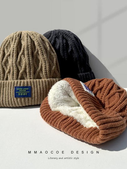 Plush knitted hat for women in winter, thickened and warm for cycling, anti-cold ear protection hat, Korean style letter versatile woolen hat for men