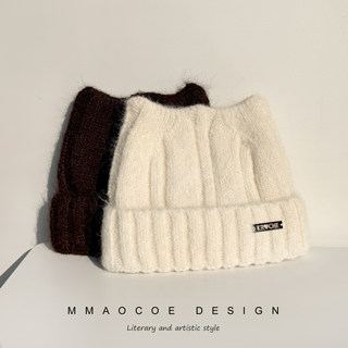 Double-Layer Thick Knitted Hat for Women, Winter Plush Warm Ear-Protecting Wool Hat, Face-Slimming Korean Style Cute Cat Ear Hat