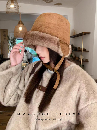 Suede Women's Winter Hat, Thickened with Ear Protection, Outdoor Warm Lei Feng Hat, Double-Sided, Plush, Windproof, Head-Covering Mongolian Hat
