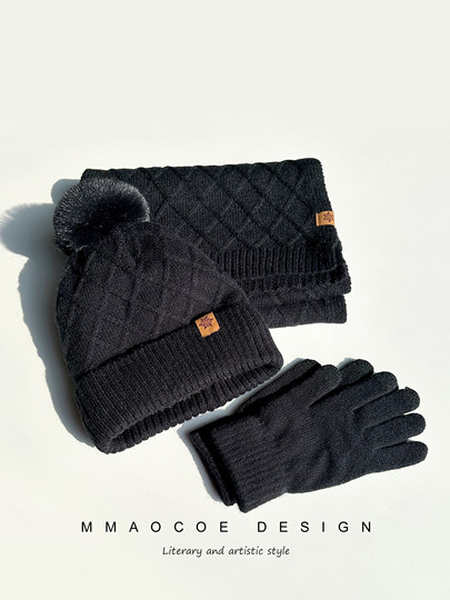 Red Knitted Hat, Scarf, and Gloves Three-Piece Set for Men and Women, Winter Cold-Proof Neck Warmer, Fleece-Lined Warm Wool Hat